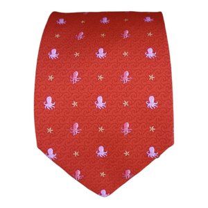 BATTISTONI BAT 1551 Red Octopus Silk Tie HANDMADE ITALY 61"/ 3.5" EC